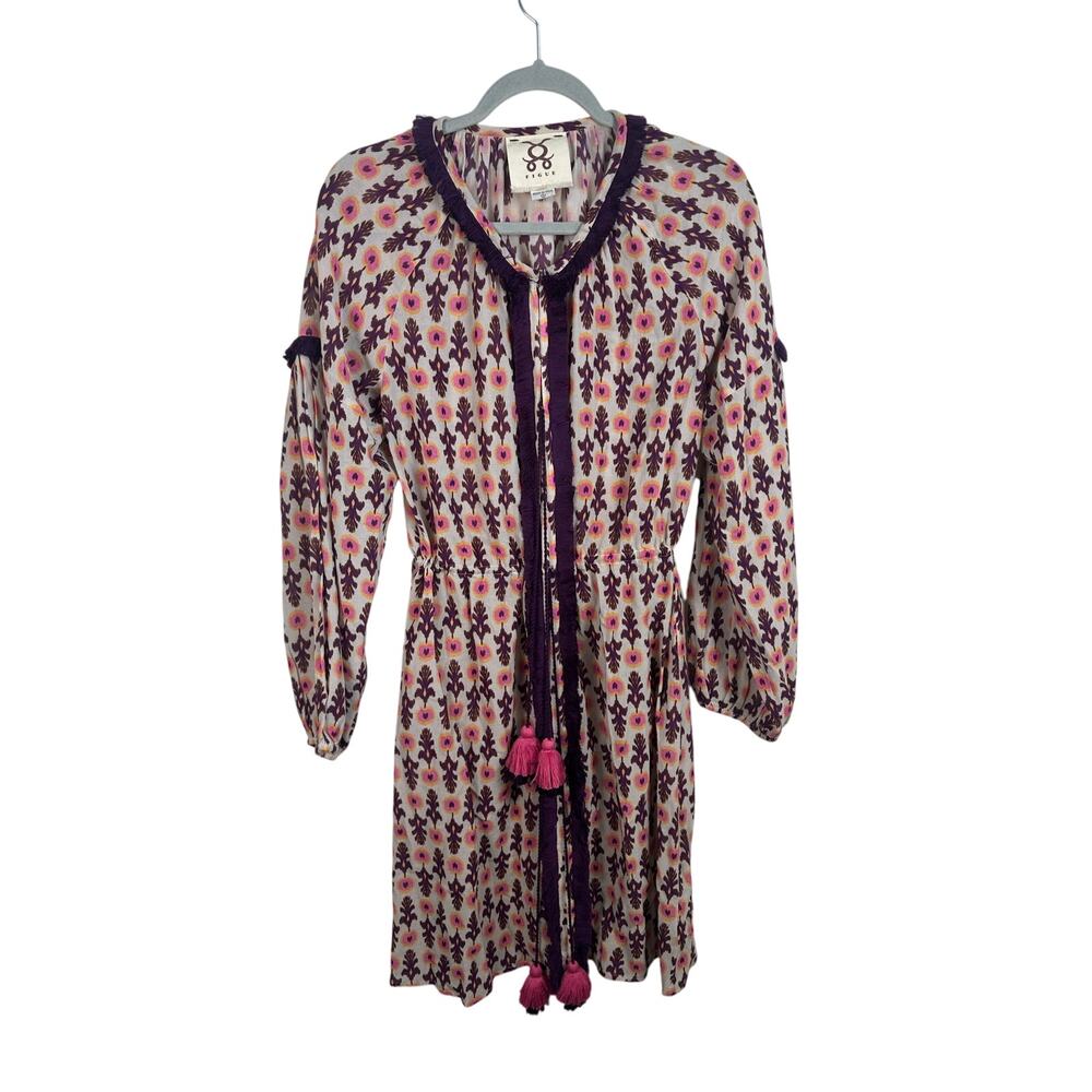 Figue Tula Ikat Dress Women Small Purple Pink Good Boho Tassel Balloon Sleeve‎